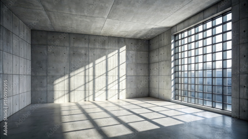 Poster Sunlight streams through a large window in a spacious concrete room, casting long, rectangular shadows on the floor.