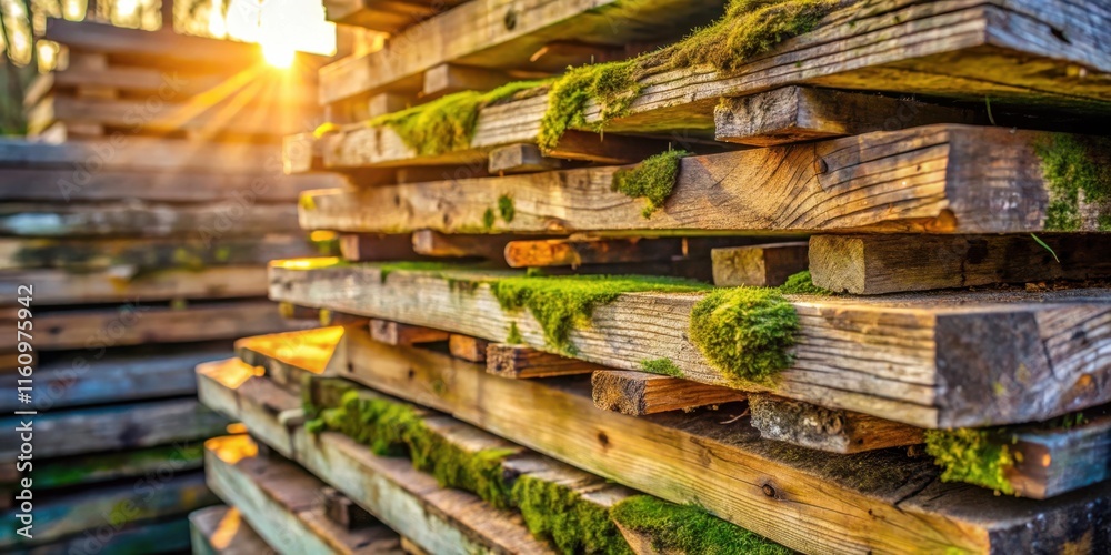 Poster a stack of weathered wooden planks covered in lush green moss bathed in the warm glow of the setting