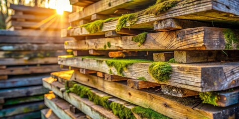 A Stack of Weathered Wooden Planks Covered in Lush Green Moss Bathed in the Warm Glow of the Setting Sun