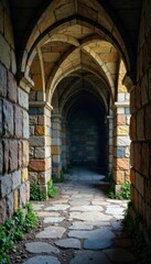 Fototapeta premium Cobweb-covered stone walls lined with ancient tomes, mysterious, forgotten, books