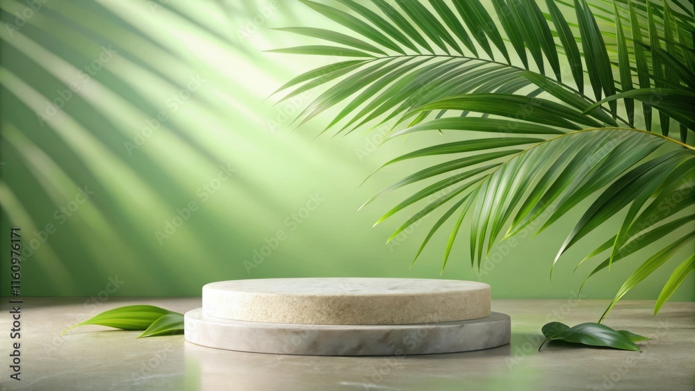 Aufkleber minimalist product display with natural elements and light streaming through palm fronds