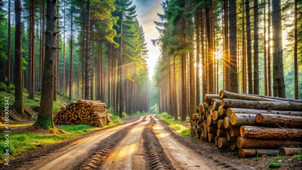 Poster Sunbeams filtering through a dense forest of tall trees, illuminating a dusty path and stacks of logs.