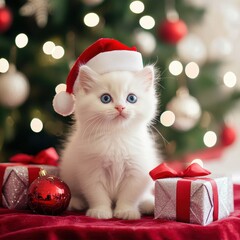Obraz premium Adorable White Kitten in Santa Hat Surrounded by Christmas Gifts