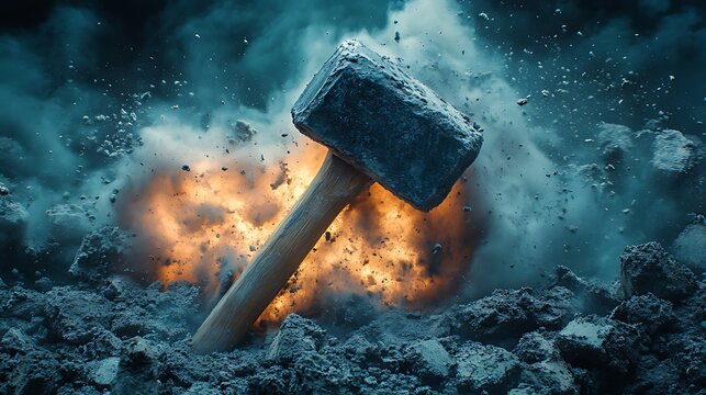 Sledgehammer smashing rock, explosion, dust, debris.