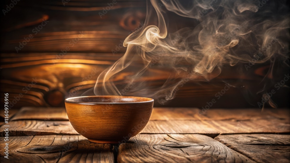 Poster A steaming bowl of soup on a rustic wooden surface, creating a warm and inviting atmosphere