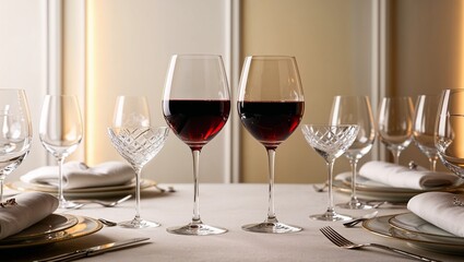 A Pair of Wine Glasses with Red Wine on the Set Table