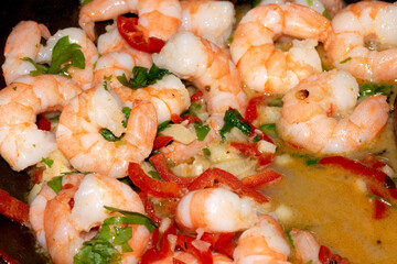 Close Up of Tiger Prawns with Chopped Chilli and Herbs
