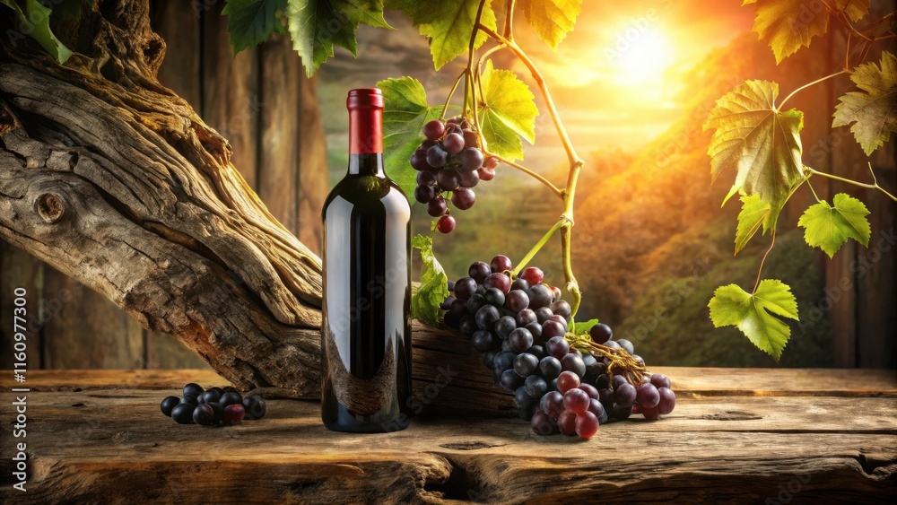 Poster A bottle of wine rests beside a cluster of grapes on a rustic wooden table, with a vine draped over a weathered tree branch and the sun setting in the distance.