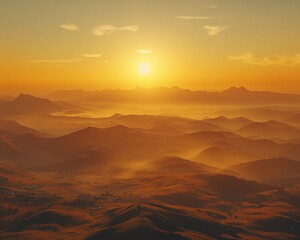 Naklejka premium Golden sunrise over misty mountain range.