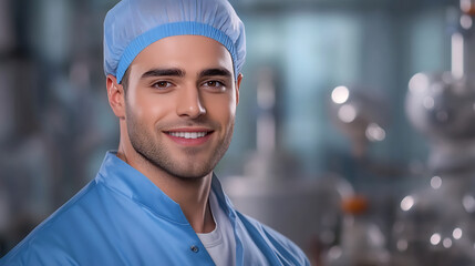 Fototapeta premium Smiling Confidently: Close-up Photo of a Male Worker in a Cleanroom Environment. AI Generated
