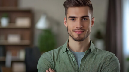 Obraz premium Close-up Photo: Confident Young Man Calmly Posing Indoors. AI Generated