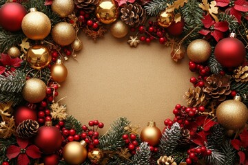 Festive Christmas wreath decorated with ornaments, berries, and pine cones on a brown background ready for the holiday season