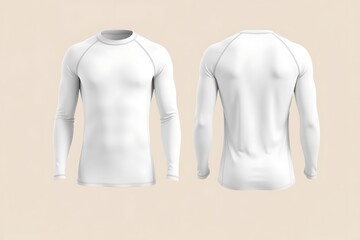 White Long Sleeve Rash Guard Mockup: Front and back view of a blank white men's rash guard, perfect for showcasing your designs or branding.  Clean and simple product shot. 