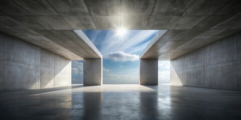 Minimalist Concrete Structure Opens to a Sky with Bright Sun and Clouds