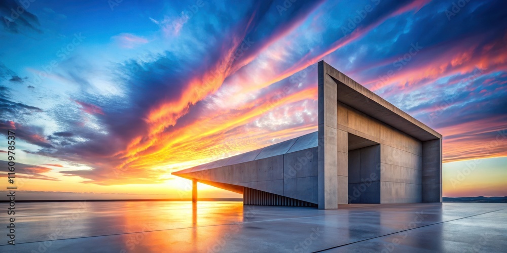 Aufkleber a concrete structure frames a dramatic sunset with vivid colors and wispy clouds