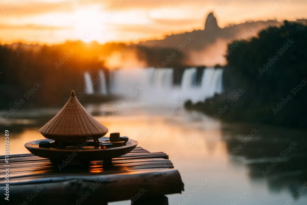 Poster a serene evening scene of iguazãº falls, with soft light and shadows creating a tranquil, dreamlike 