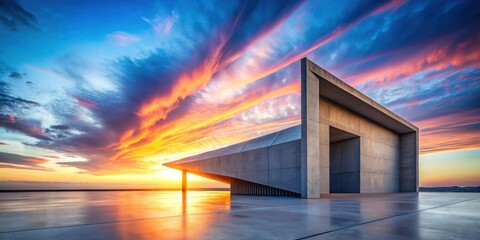 Fototapeta premium A Concrete Structure Frames a Dramatic Sunset with Vivid Colors and Wispy Clouds