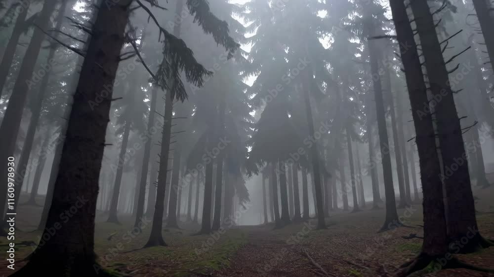 Poster mysterious fog envelops a tranquil forest path in early morning light