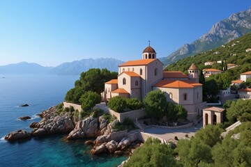 Obraz premium arafed view of a small church on a rocky island
