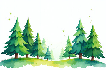 Fototapeta premium vibrant fir tree illustration watercolor style kids adults featuring woodland scene evergreen trees white