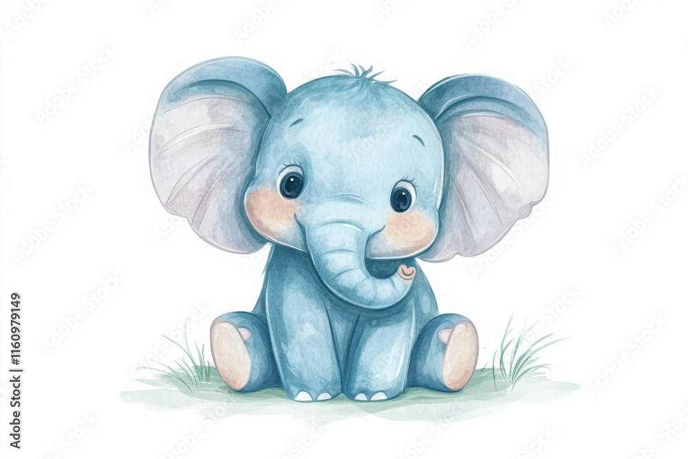 Poster cute blue elephant character sitting on grass with ample copy space for personalized text. generativ
