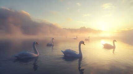 Fototapeta premium Serene Sunrise: Swans on Misty Lake