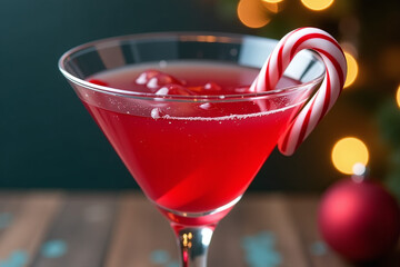 vibrant holiday cocktail features red martini candy cane