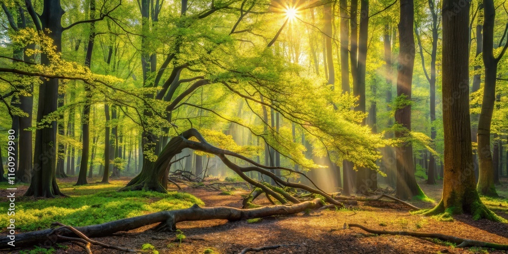 Poster sunbeams illuminate the forest floor, casting a warm glow through the dense canopy of leaves and cre