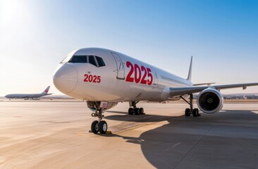 Airplane on Tarmac with Bold Year 2025 Displayed in Bright Sunlight