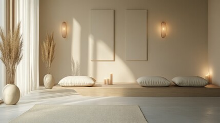 A minimalist home meditation space with candles, soft pillows, and serene wall art