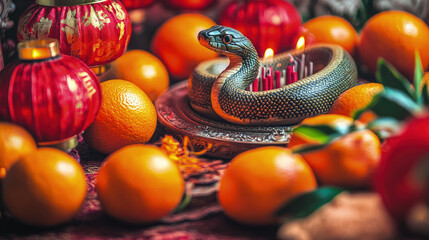Fototapeta premium A serene Chinese New Year altar with a crafted snake figurine, oranges, incense, and red lanterns, set in a tranquil, candlelit environment symbolizing peace and the welcoming of prosperity