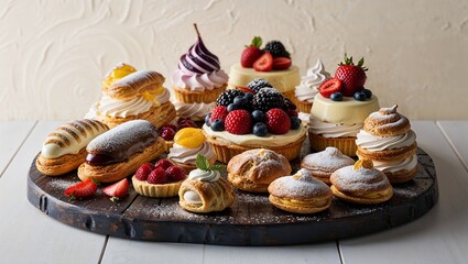 A Set of Cakes in a Basket Filled with Berries and Buttercream