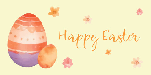 A watercolor-style banner with Easter greetings. Trendy Easter design with typography, hand-painted strokes and dots, eggs and flowers in soft tones
