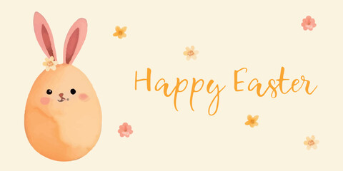 A watercolor-style banner with Easter greetings. Trendy Easter design with typography, hand-painted strokes and dots, eggs and flowers in soft tones