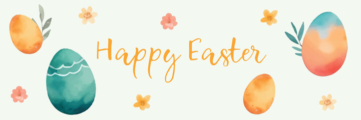 A watercolor-style banner with Easter greetings. Trendy Easter design with typography, hand-painted strokes and dots, eggs and flowers in soft tones