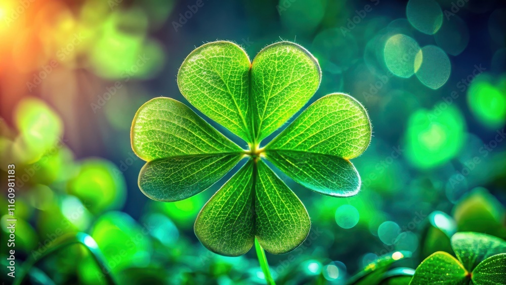 Poster a single four-leaf clover in a field of lush green foliage, illuminated by the warm glow of the sett