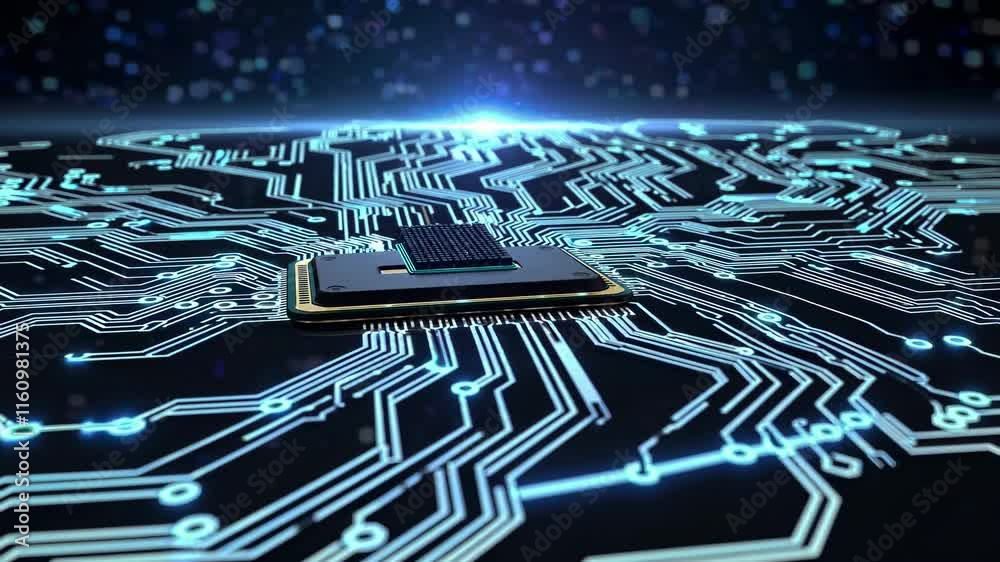 Poster exploring the intricate connections of a microprocessor circuit in a futuristic digital landscape