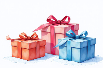 Fototapeta premium vibrant watercolor boxes wrapped ribbons sit snowy white