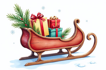 Naklejka premium vibrant watercolor depiction festive wooden sledge adorned gift boxes fir branches snowy white