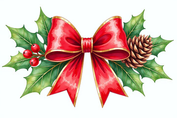vibrant watercolor depicts red gold christmas bow surrounded holly berries pine pine cone festive