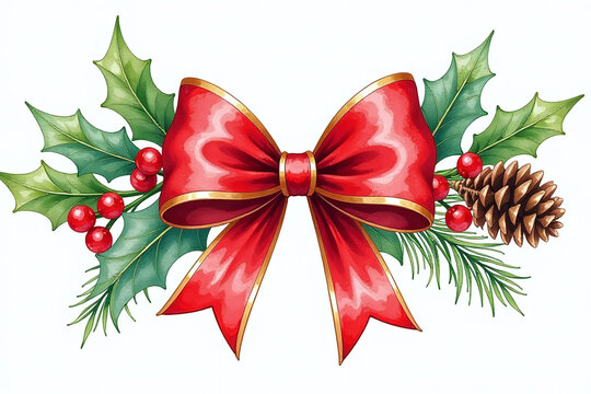 vibrant watercolor depicts red gold christmas bow surrounded holly berries pine pine cone festive