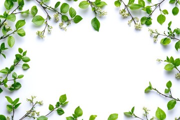 Fototapeta premium Fresh green leaves and flowers arranged elegantly on a white background for spring decoration or design purposes