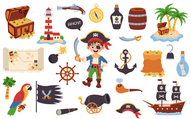 Pirate set. Set with ship, captain, chest, treasures, parrot, map. Pirate set for kids.