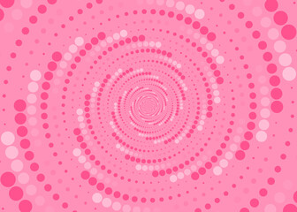 Abstract pink background with polka dots spreading out in a spiral pattern