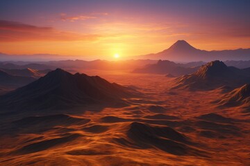 Naklejka premium arafed view of a desert with a sunset in the background