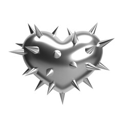 3D chrome heart with spikes and thorns, metallic shiny silver surface, isolated vector abstract object. Symbol of love, punk style design for Valentine’s Day, fashion, and Y2K aesthetics