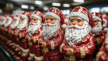 Fototapeta premium huge number of foil-wrapped chocolate santas in sideview