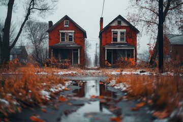 A stark contrast of a wealthy neighborhood next to a run-down one, with people in the affluent area unaware of the disparity
