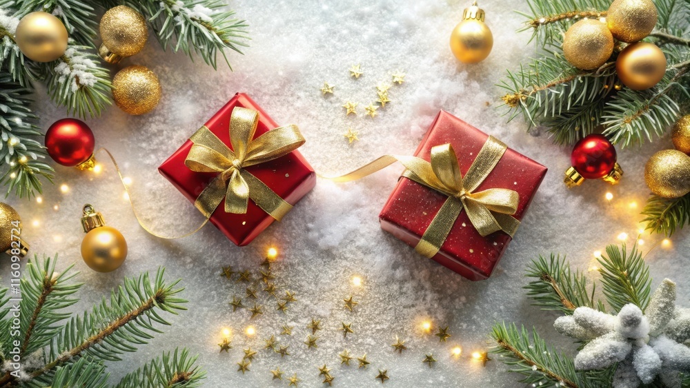 Poster festive christmas presents wrapped with golden ribbon and decorated with baubles and pine branches o