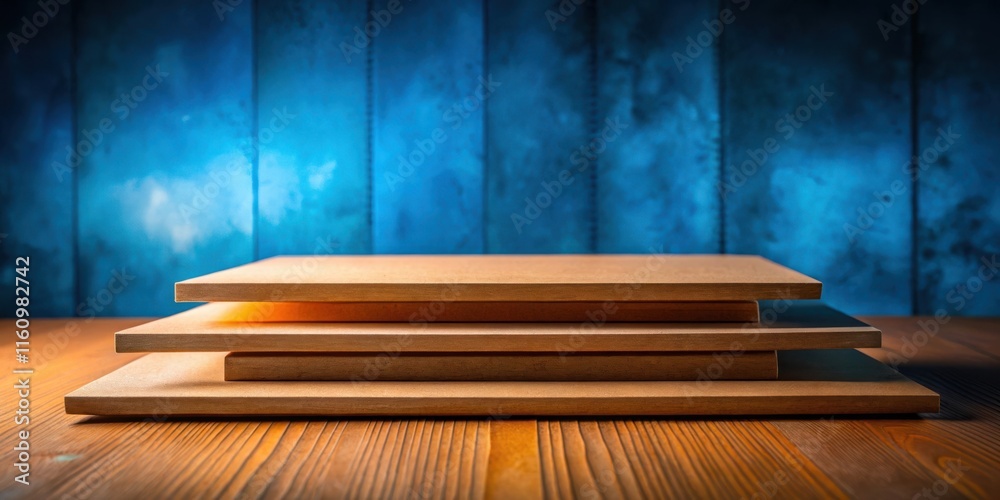 Poster a stack of unfinished wooden boards resting on a wooden table with a blue wall in the background